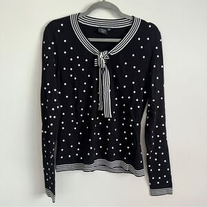 iROO Black White Polka Dot Tie Neck Knit Blouse Women’s Size 40 Retro Office